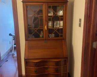 Vintage Mahogany Secretary Desk with Cabriole Legs and Glass Paned Doors by Maddox