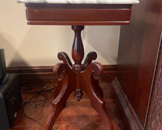 Vintage Mahogany Lyre Base Side Table with Marble Top