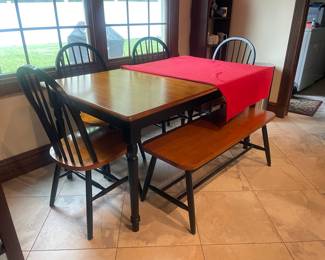 Vintage Windsor Spindle-Back Dining Set with Table, Chairs and Bench