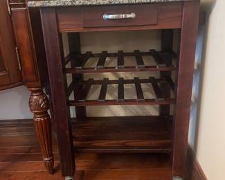 Wooden Rolling Kitchen Cart with Granite Top and Wine Rack