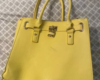 Yellow Textured Tote Handbag with Lock Detail