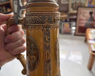 035 German Ceramic Beer Stein with Pewter Lid