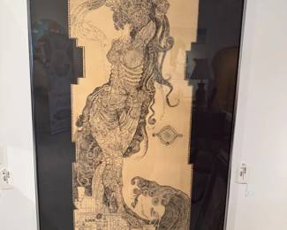 027 Jack Carlton 1969 Large Surrealist Ink Drawing on Paper Framed Collage Artwork