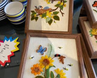 022 2 Vintage Framed Crewel Embroidery Art Panels Nature Themes