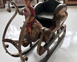016 Antique Carved Wood Wrought Iron Miniature Sleigh with Figure