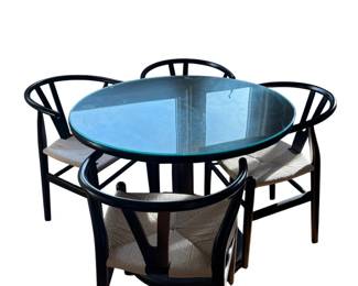 050 MidCentury ModernStyle Round Glass Top Dining Set with Wishbone Chairs