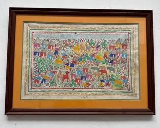 065 Framed Folk Art Painting Village Scenee