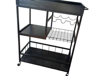 049 Black Metal Wood Bar Cart with Wine Rack