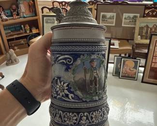 033 German Stoneware Beer Stein with Pewter Lid