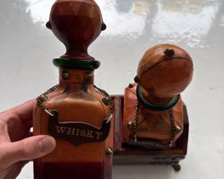 032 LeatherWrapped Cognac Whisky Decanter Set in BrassFitted Caddy