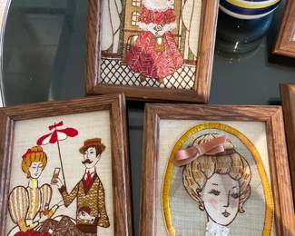 023 Vintage Crewel Embroidery Jeanette waterson Framed Art Set of 3 Victorian Scen