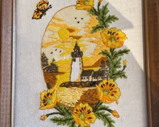 021 Vintage Framed Lighthouse Crewel Embroidery Art
