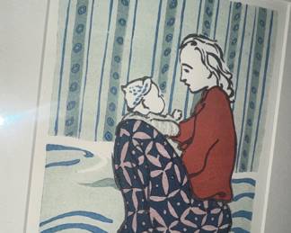1947 "Early Conversations" signed and framed Japanese woodcut or woodblock