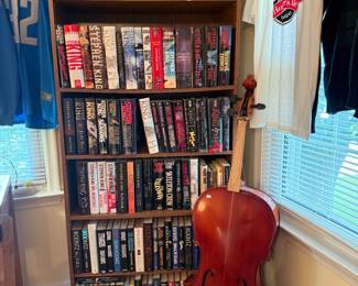 Wooden Shelf, Books, Musical Instruments