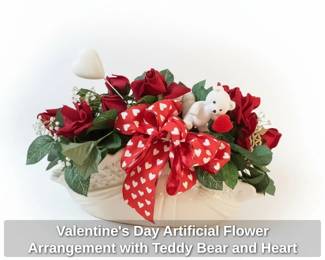 Valentines Day Artificial Flower Arrangement with Teddy Bear and Heart Ribbon