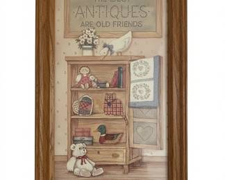Framed Art Print The Best Antiques Are Old Friends with Teddy Bear, Duck, and Quilts