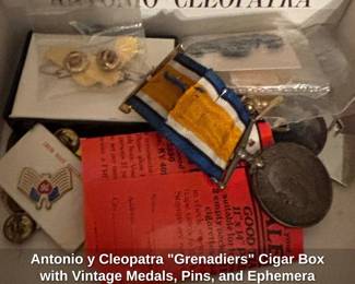 Antonio y Cleopatra Grenadiers Cigar Box with Vintage Medals, Pins, and Ephemera