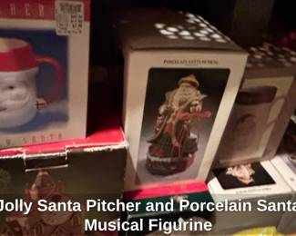Jolly Santa Pitcher and Porcelain Santa Musical Figurine