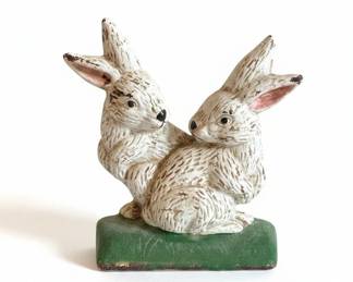 Pair of Vintage Ceramic Bunnies on Decorative Glass Plate