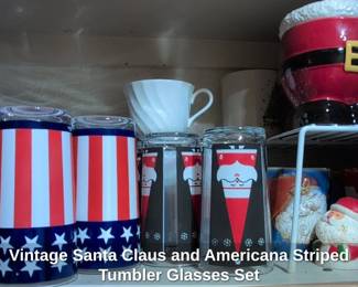 Vintage Santa Claus and Americana Striped Tumbler Glasses Set