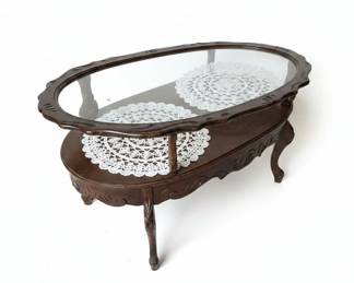 Vintage Ornate Carved Wood Coffee Table with Glass Top, French Provincial Style third image
