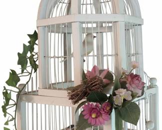 Decorative White Bird Cage with Artificial Flowers and Birds