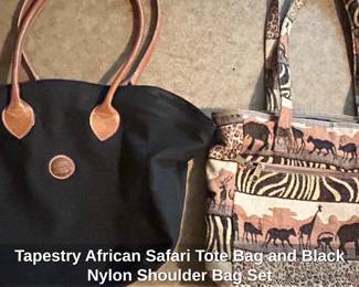 Tapestry African Safari Tote Bag and Black Nylon Shoulder Bag Set