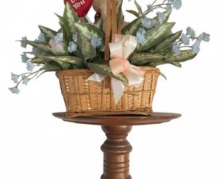 Artificial Flower Arrangement in Wicker Basket with Wooden Shelf Bracket