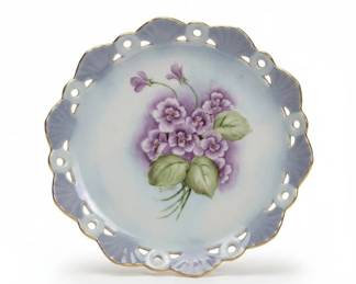 HandPainted Porcelain Plate with Violets and Scalloped Reticulated Edge