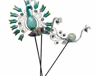 Metal Peacock Garden Stake with Glass Orb and Blue Accents