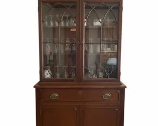 Antique Mahogany China Cabinet with Broken Arch Pediment and Leaded Glass Doors