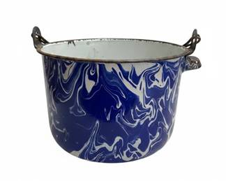Blue and White Swirl Enamelware Double Handled Pot