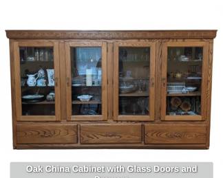 Oak China Cabinet with Glass Doors and Drawers