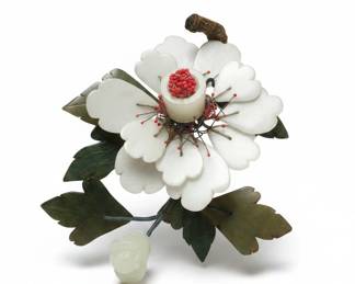 Carved Jade Flower with Red Berry Accents and Bud