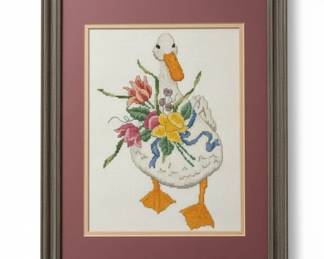 Framed CrossStitch Duck with Flowers