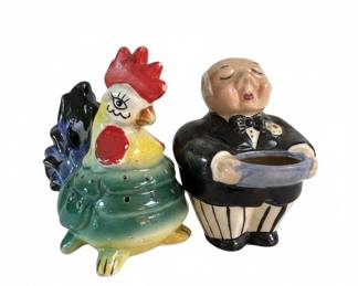 Vintage Ceramic Figurine Set Rooster and Butler Waiter
