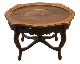 Vintage Carved Oval Coffee Table with Deer Scene
