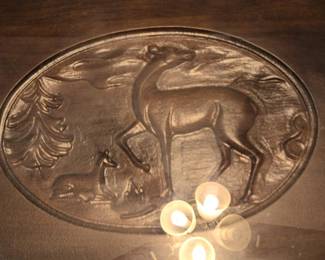 Vintage Carved Oval Coffee Table with Deer Scene second image