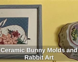 Vintage Ceramic Bunny Molds and Framed Rabbit Art
