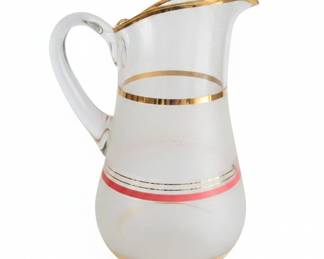 Frosted Glass Pitcher with Gold and Coral Bands
