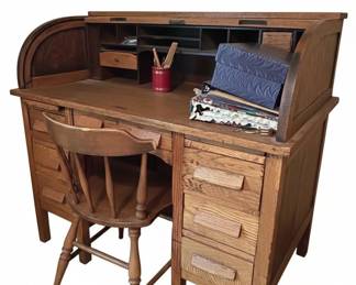 Antique Oak Roll Top Desk with Matching Chair, circa s