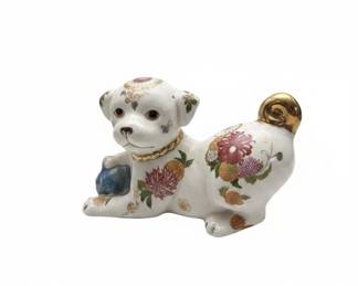 Porcelain Dog Figurine with Floral Embellishments Possibly Satsuma Style