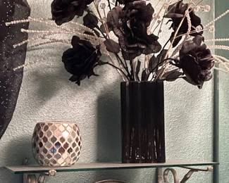 Glittered Black Rose Arrangement in Black Vase with Decorative Candle and Crushed Crystal Clock