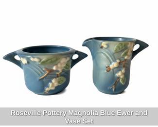 Roseville Pottery Magnolia Blue Ewer and Vase Set