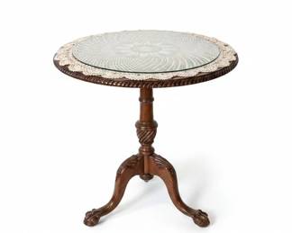 Victorian Walnut Parlor Table with Glass Top and Claw Feet