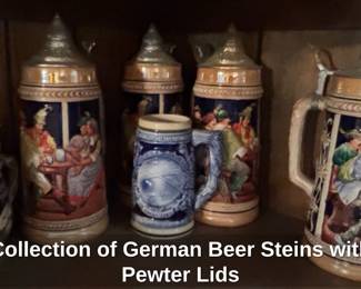 Collection of German Beer Steins with Pewter Lids
