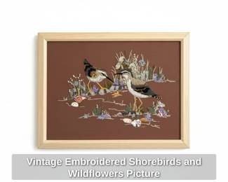 Vintage Embroidered Shorebirds and Wildflowers Picture