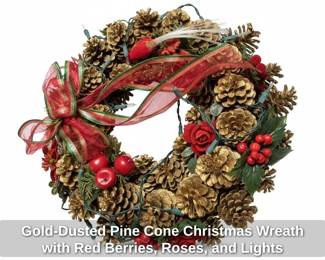 GoldDusted Pine Cone Christmas Wreath with Red Berries, Roses, and Lights