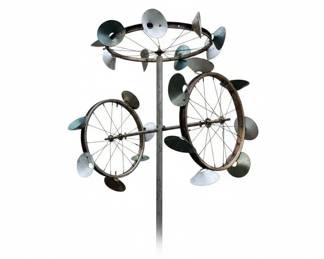 Metal Kinetic Garden Sculpture with Circular and Cup Elements