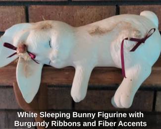 White Sleeping Bunny Figurine with Burgundy Ribbons and Fiber Accents